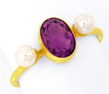 Foto 1 - Juwelier, Gelbgold-Ring, Spitzen Amethyst! Perlen! Neu, S0641
